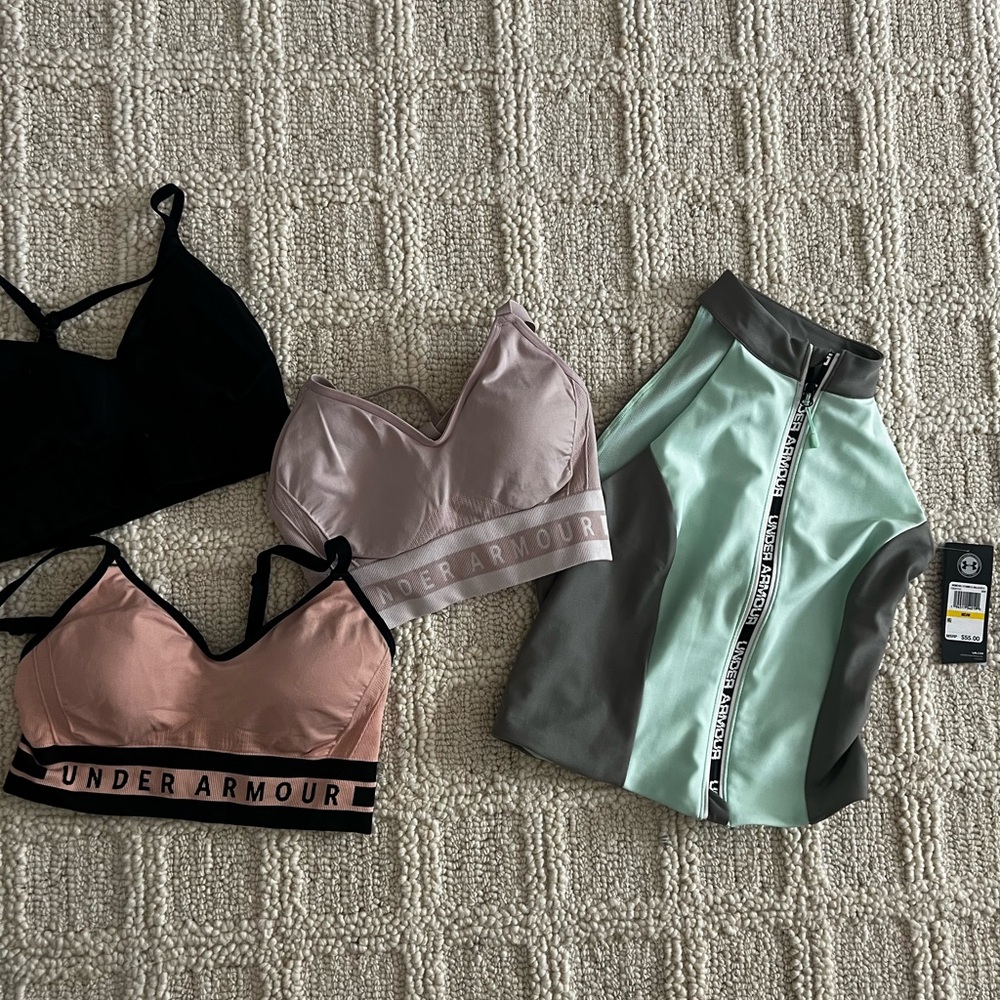 Under Armour Sports Bras and Shirt Set - Black, Pink, Gray